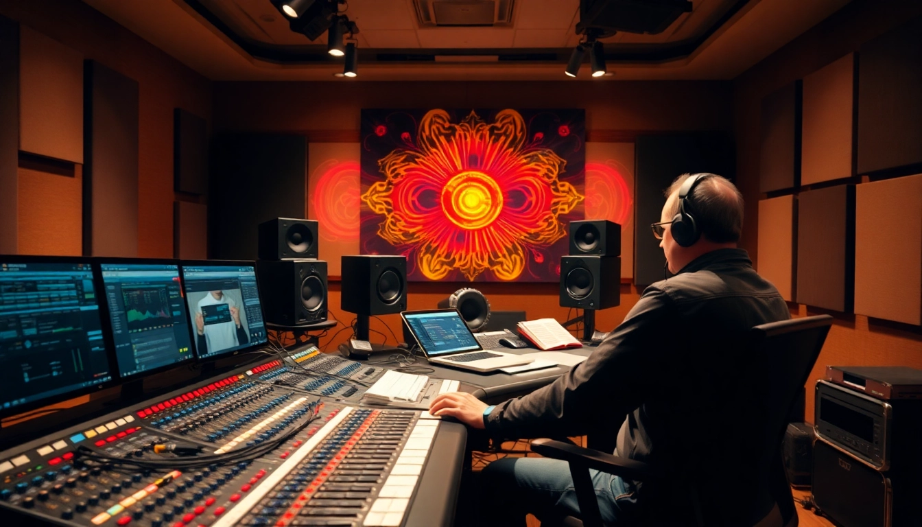 Engaging scene of online audio mastering in a professional studio with advanced equipment and an engineer.