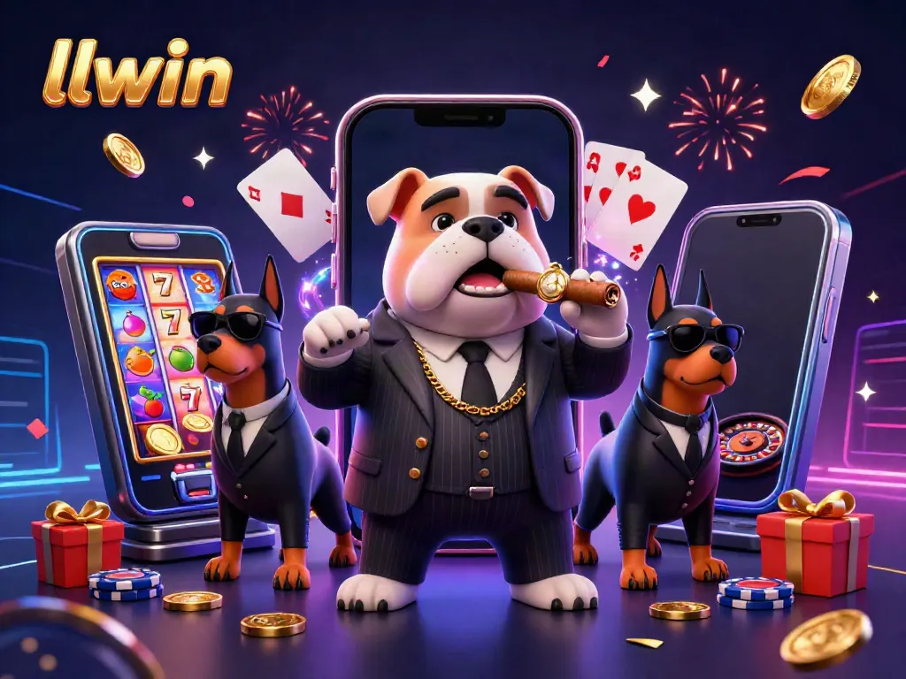 Experience electrifying spins at llwin with our lively casino scene featuring a mafia bulldog and festive game elements.