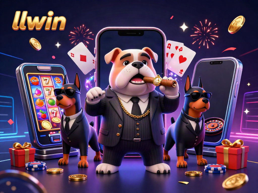 Experience electrifying spins at llwin with our lively casino scene featuring a mafia bulldog and festive game elements.