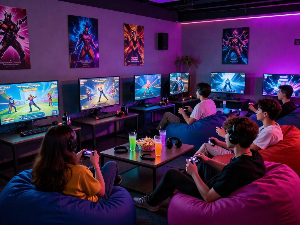 Engaging group playing porn games in a vibrant gaming lounge, showcasing interactive screens and gaming controllers.