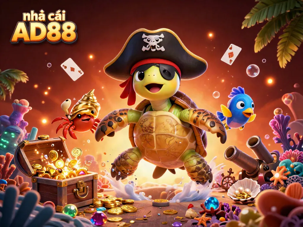 Engage with Nhà cái AD88 through vibrant 3D casino-themed underwater scene featuring treasure and characters.
