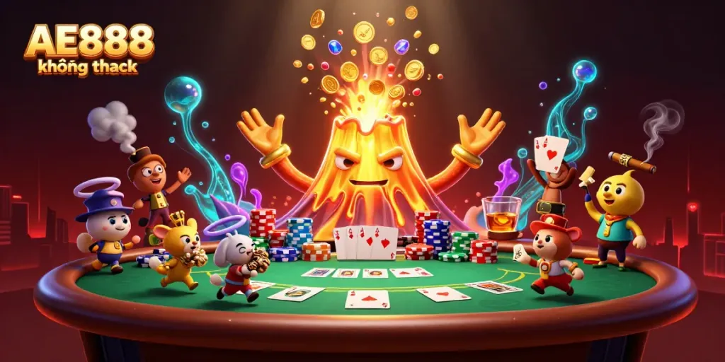 Join the exciting experience of AE888 không chặn with treasure-hunting characters amidst vibrant casino elements.