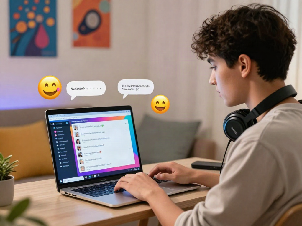 A young adult engaging in a vibrant porn chat AI conversation on a sleek laptop with headphones in a cozy digital setting.