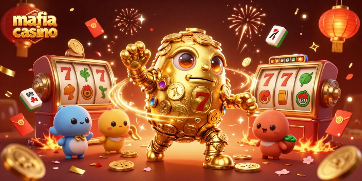 Mafia casino illustration showcasing vibrant slot reels and festive elements in a rich 3D scene.