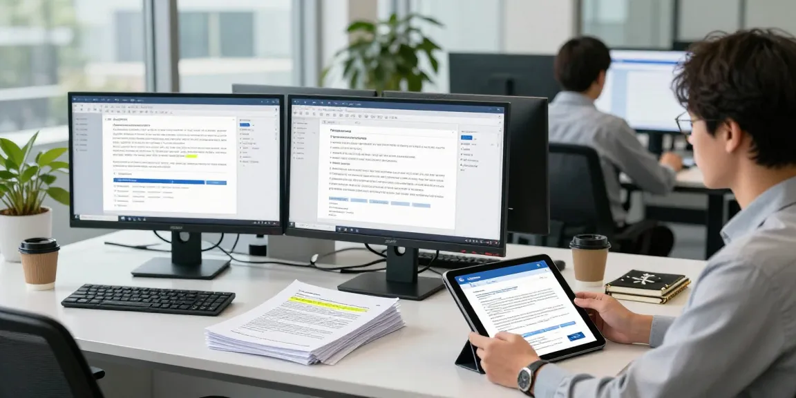 Document fraud detection analysis in a modern office setting, showcasing software tools and analytics.