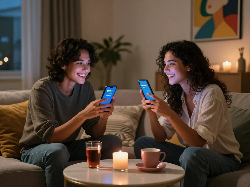 Couple in cozy living room enjoying playful sexting AI conversation on smartphones, showcasing modern digital romance.