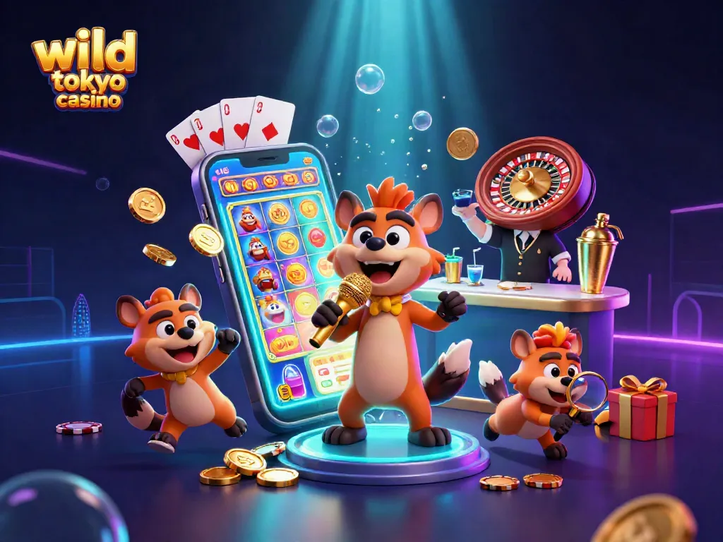 Experience the excitement at wild tokyo casino with vibrant games and energetic characters in a dynamic casino scene.