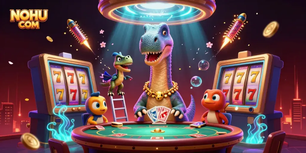 Experience the thrilling gaming atmosphere of NOHU COM with a dazzling dinosaur casino scene.