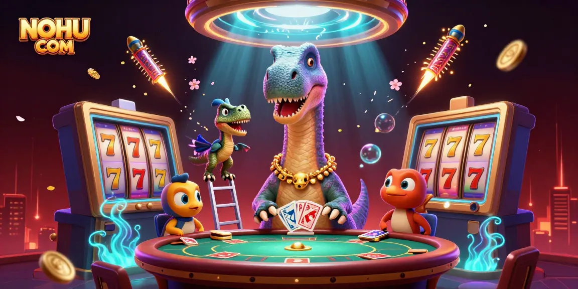 Experience the thrilling gaming atmosphere of NOHU COM with a dazzling dinosaur casino scene.