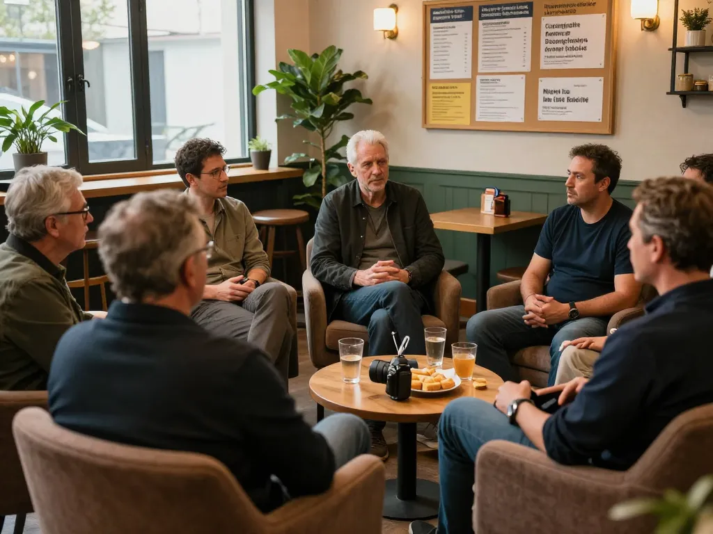 Men gathering at a supportive man club for open discussions, promoting camaraderie and mental health.