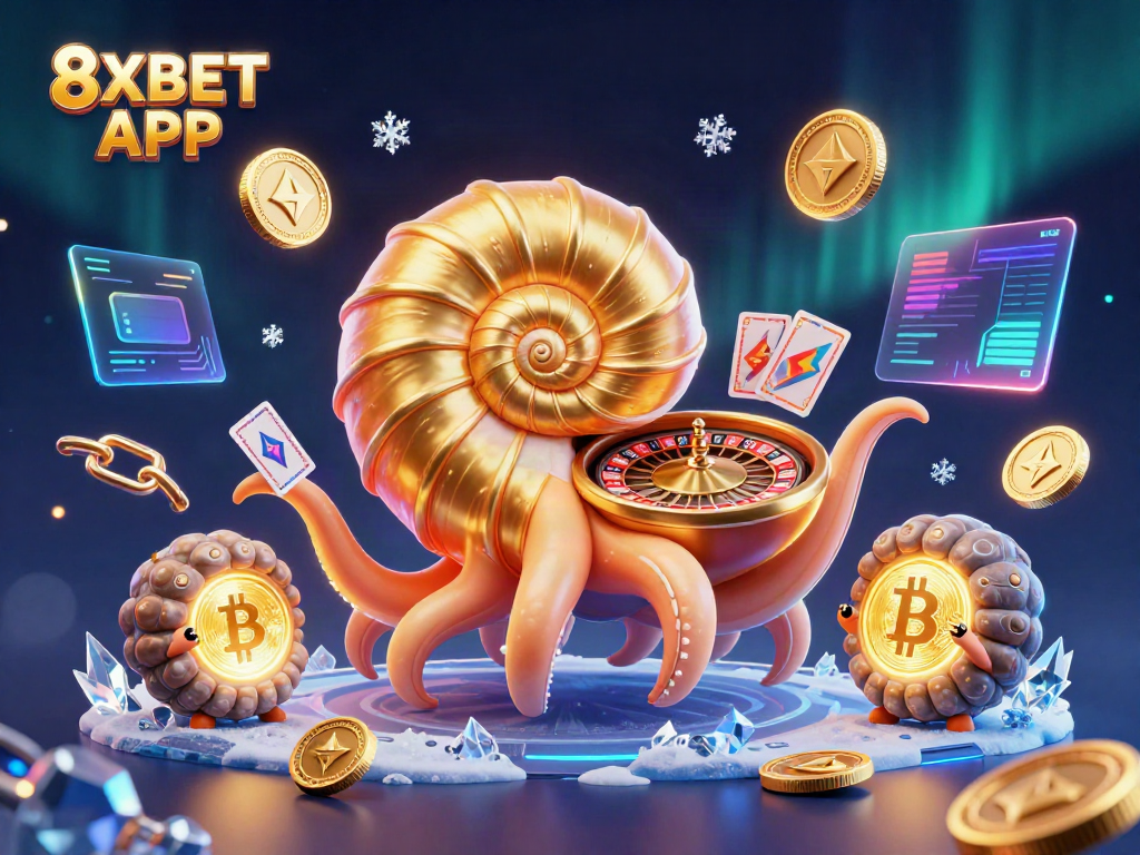 Engage with the vibrant 8XBET APP illustration showcasing a giant nautilus roulette wheel and glowing digital currency features.