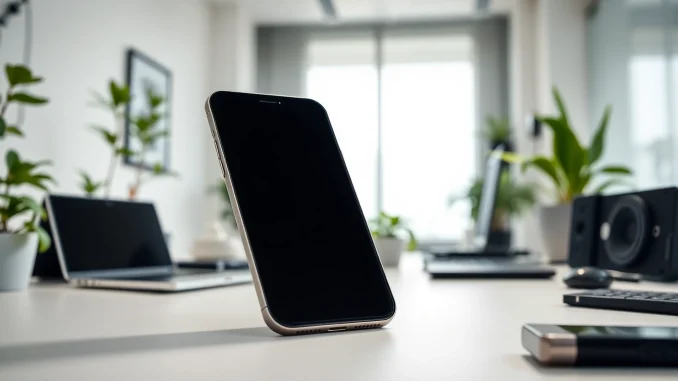 Captura el iPhone SE 4 en un entorno de oficina moderna con un fondo iluminado.