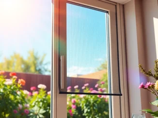 Installeret myggenet dør som holder insekter ude i en solrig have.