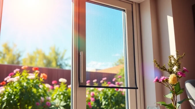 Installeret myggenet dør som holder insekter ude i en solrig have.