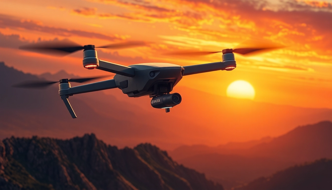 Il dronavia c5 matrice in volo sopra un paesaggio mozzafiato al tramonto, evidenziando le sue funzionalità avanzate.
